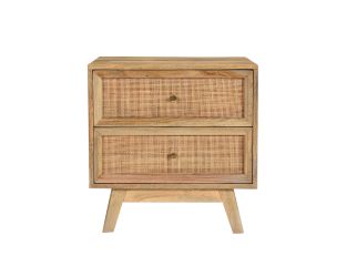 Tulum Mango Wood and Rattan Bedside Table - 2 Drawer color Natural