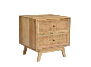 Tulum Mango Wood and Rattan Bedside Table - 2 Drawer color Natural